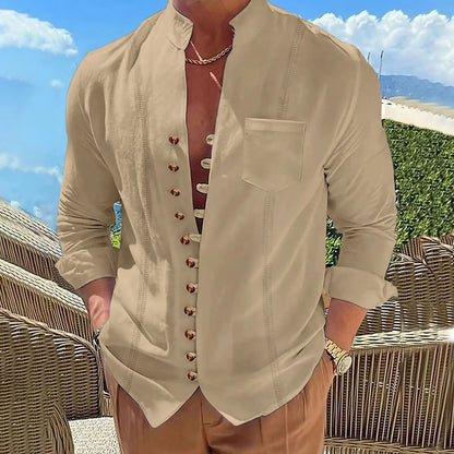 Camicia Uomo Elegante Slim Fit con Collo Coreano – Stile Casual Chic in Cotone Misto