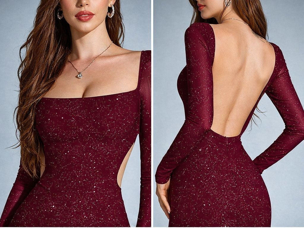 Abito Lungo Donna Sensuale con Spacco e Scollo Quadrato