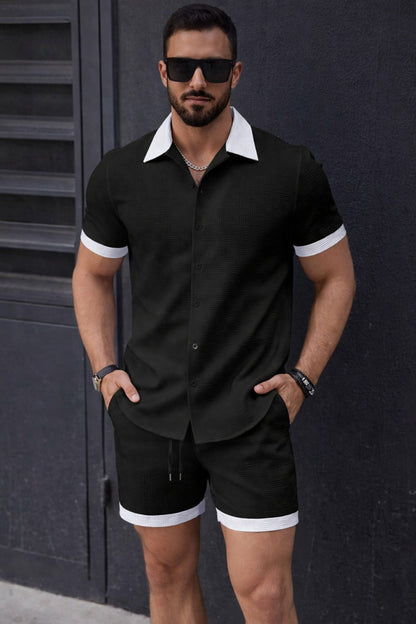 Completo Uomo Estivo Sportivo Nero – Camicia e Bermuda Coordinati in Tessuto Traspirante