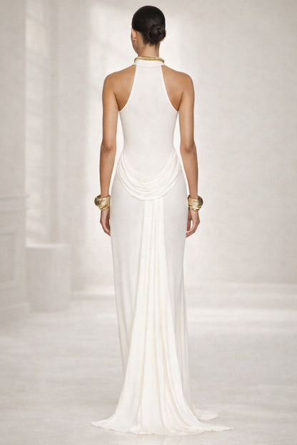 Abito Lungo Elegante con Drappeggio e Spacco Laterale