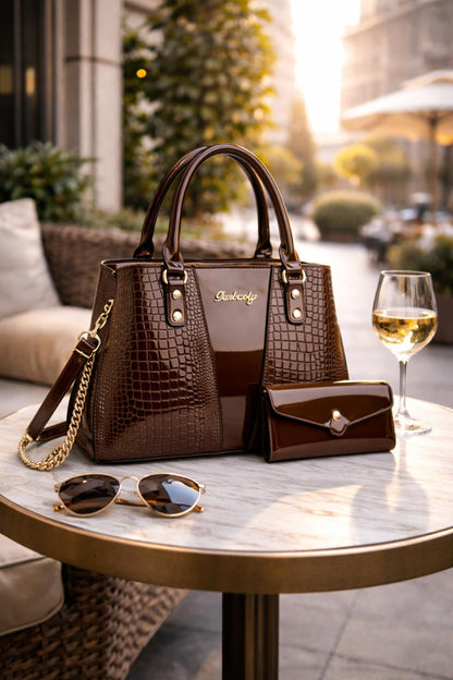 Borsa Luxury Croco Gloss – Set Elegante con Pochette Abbinata)