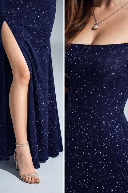 Abito Lungo Donna Sensuale con Spacco e Scollo Quadrato